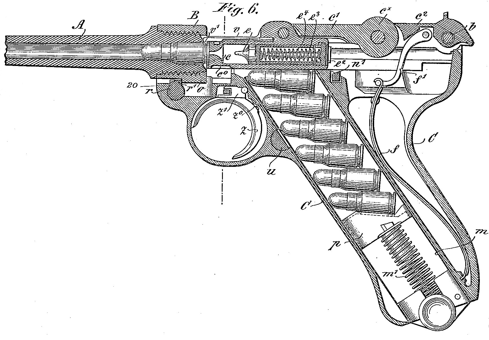Figure 2 — Fig. 6 of Georg Luger's US patent 753,414 (1904), a longitudinal section of the production pistol. The flat closing spring lies in the grip behind the magazine; the toggle, the breechblock and the …