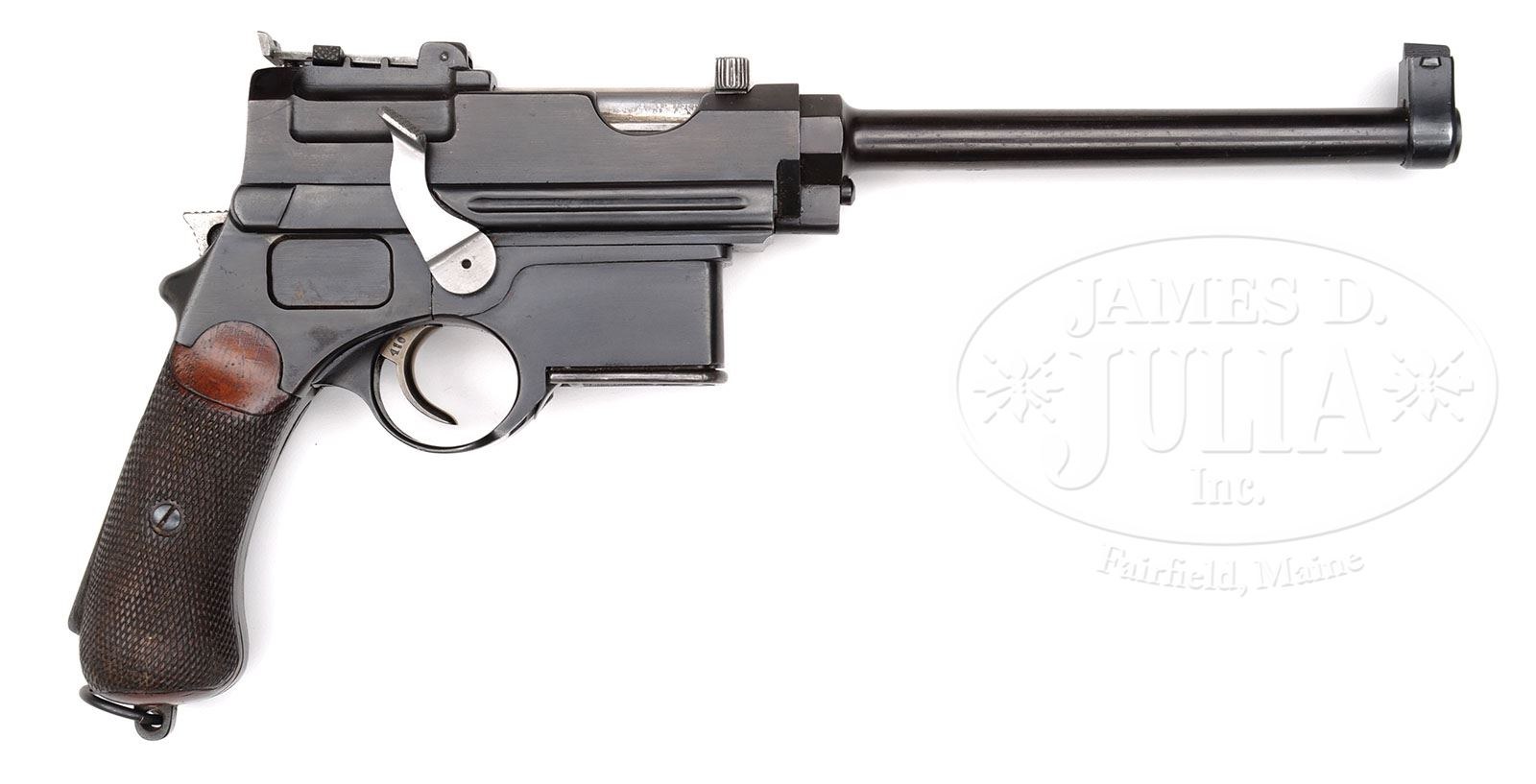 Figure 8 — The M1896/03 long pistol, serial 410, right side, showing the cocking lever on the right of the frame and the tangent rear sight. Photograph: James D. Julia auction catalogue, October 2013, lot 319…
