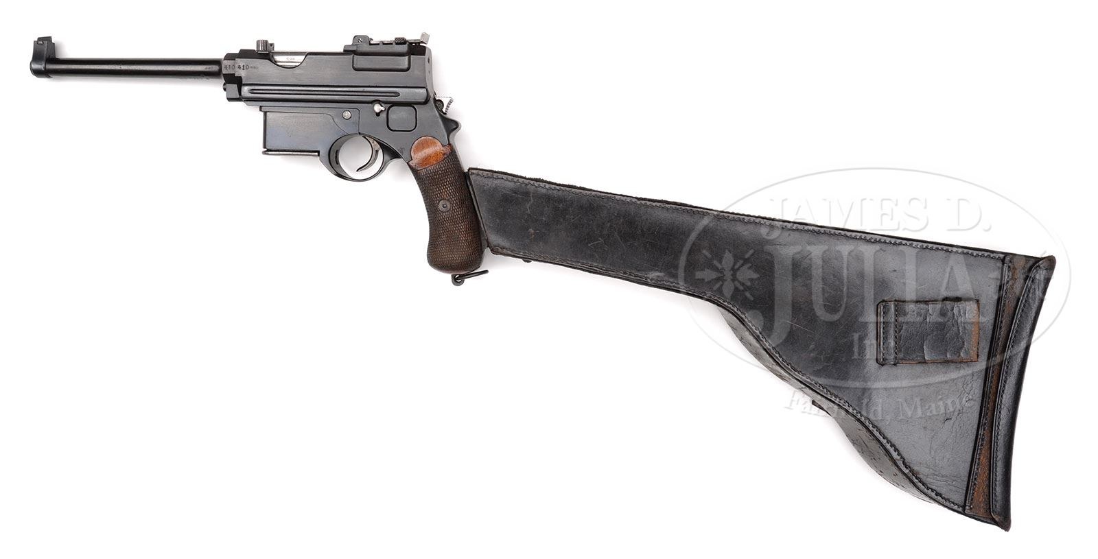 Figure 6 — A Mannlicher M1896/03 long pistol with its matching black leather holster-stock attached, right side. Serial 410, ex Sturgess collection, expertly refinished. Photograph: James D. Julia auction cat…