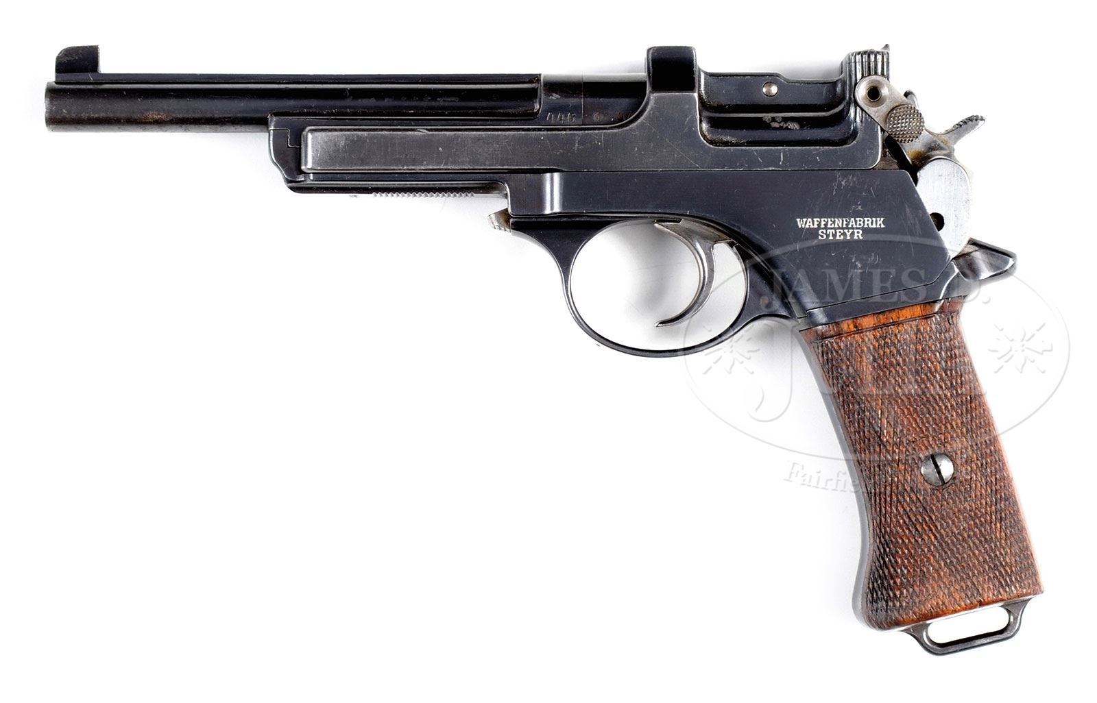 Figure 4 — A Steyr M1901 from the Dutch army trial, one of ten submitted according to Julia's catalogue, with its safety moved to the left of the slide at Dutch request. Photograph: James D. Julia auction cat…