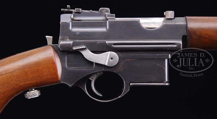 Figure 7 — The action of the M1903 carbine, serial 952: the bolt with its knurled grip, the cocking lever on the right of the lock housing, the box magazine ahead of the trigger guard. Photograph: James D. Ju…