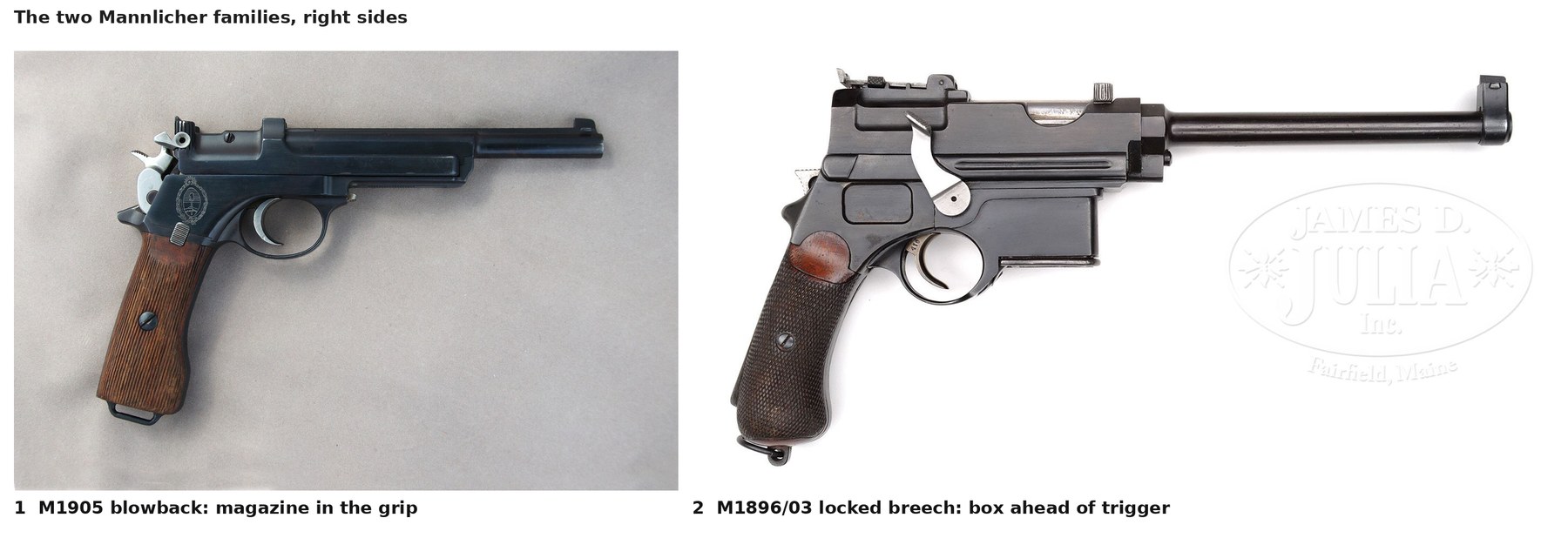 Figure 1 — 1, an Argentine contract M1905: fixed magazine in the grip, external hammer, open-topped slide. 2, an M1896/03 long pistol of the locked-breech line: box magazine ahead of the trigger, cocking leve…