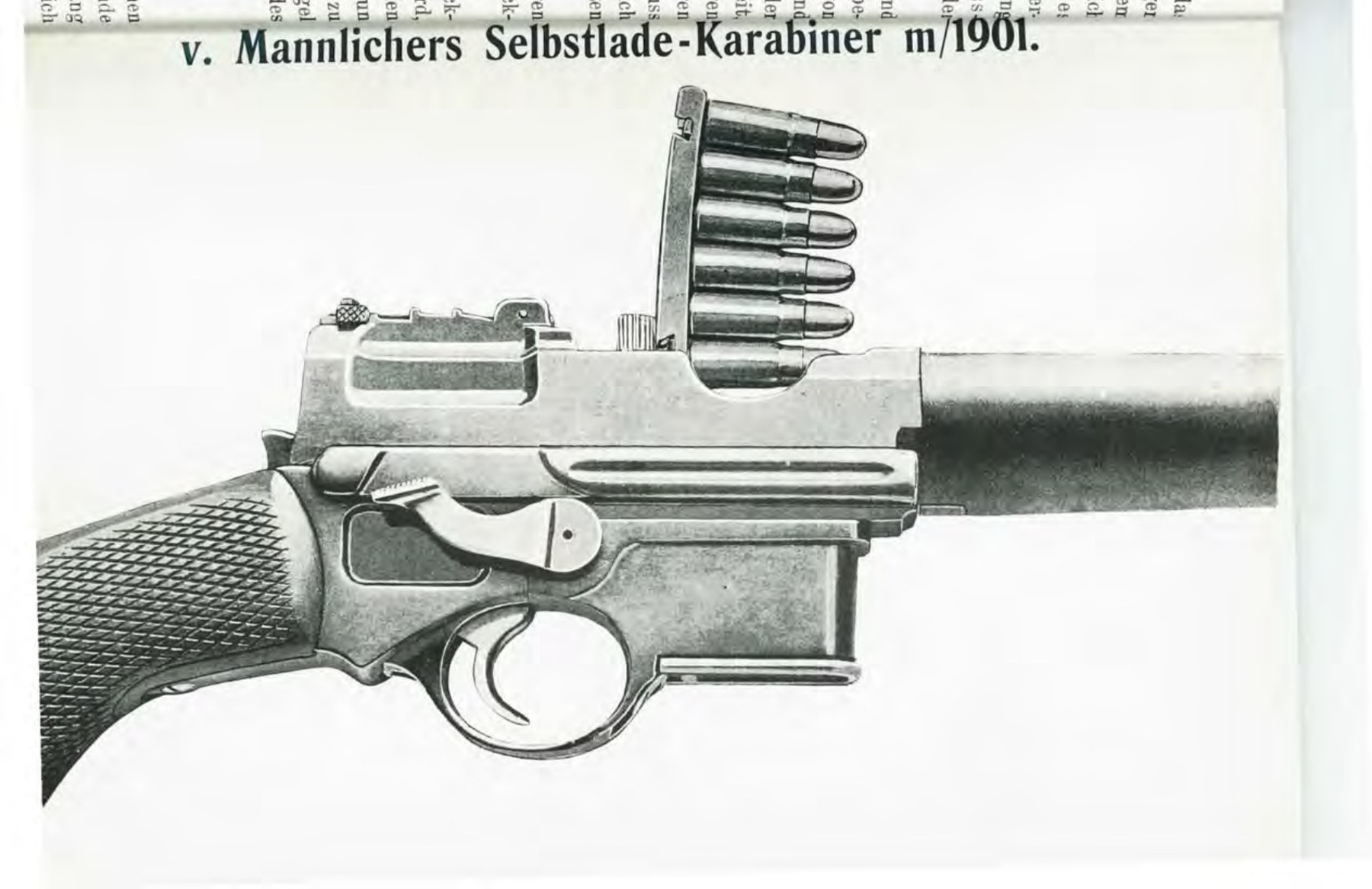 Figure 5 — Wille's Tafel II: the action open, hammer cocked (cocking lever up), and a clip set in the guide ready to be stripped into the magazine. R. Wille, 1902, public domain.