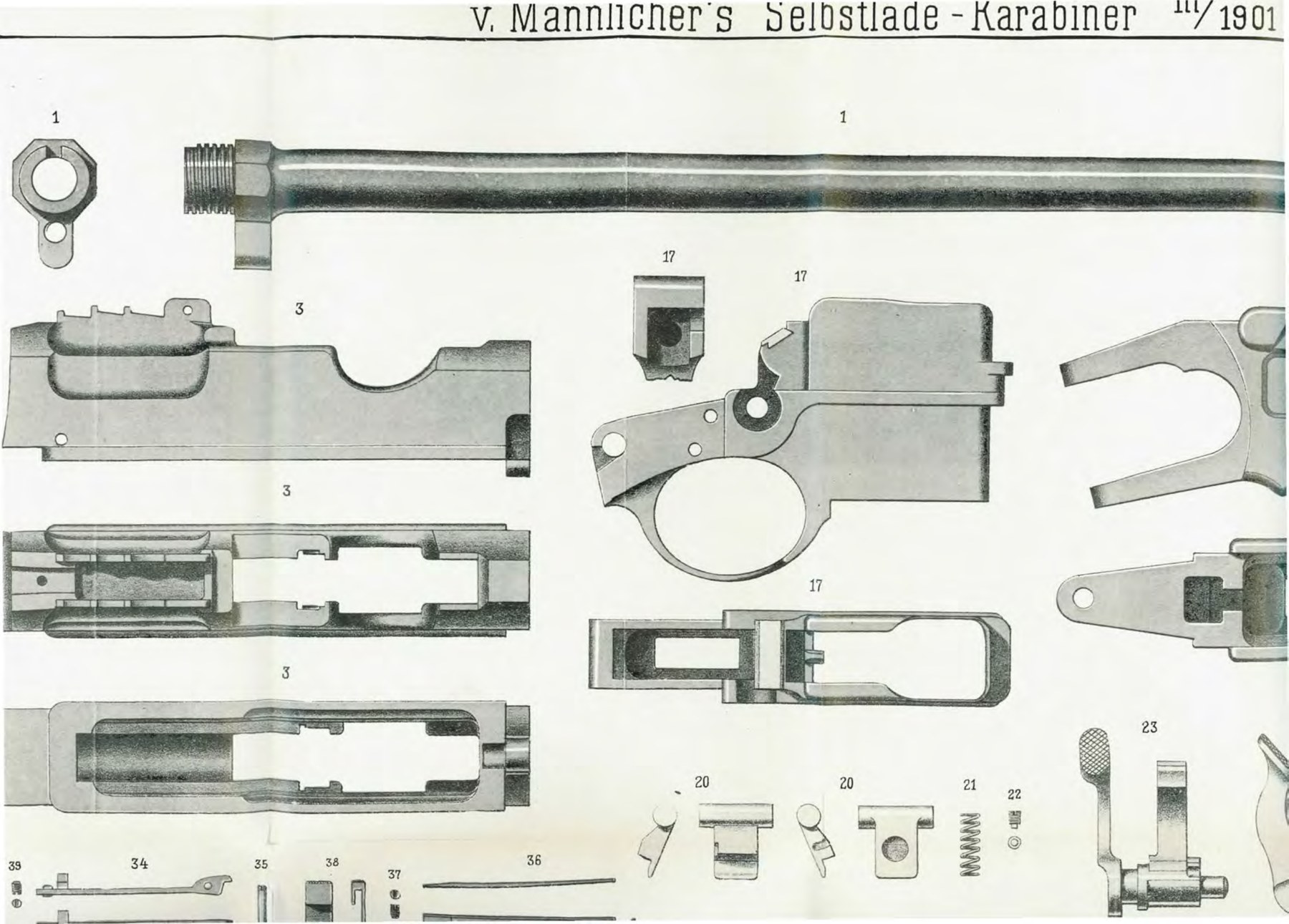 Figure 2 — Wille's Tafel V, left half: the barrel (1) with its octagonal chamber end, the receiver (3) in three views, and the lock and magazine housing (17) with its trigger guard. R. Wille, 1902, public dom…