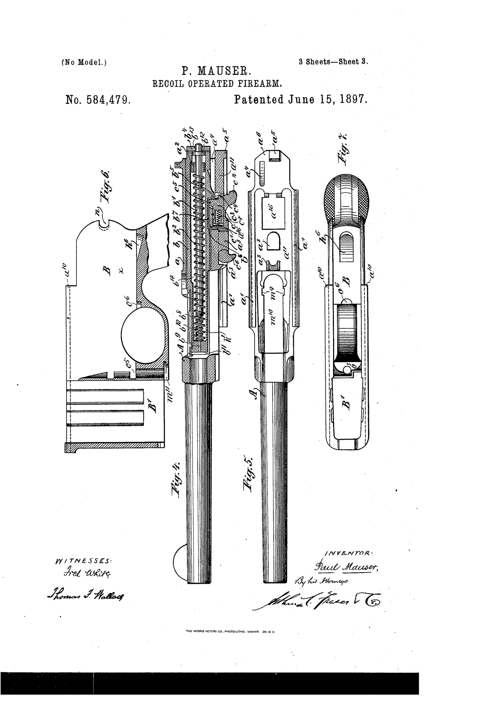 Figure 2 — 2 — Sheet 3 of US Patent 584,479, detailing the lock components — hammer, sear, the pivoting bolt-lock (locking block), and the coupling rocker — that interlock to hold the action together…