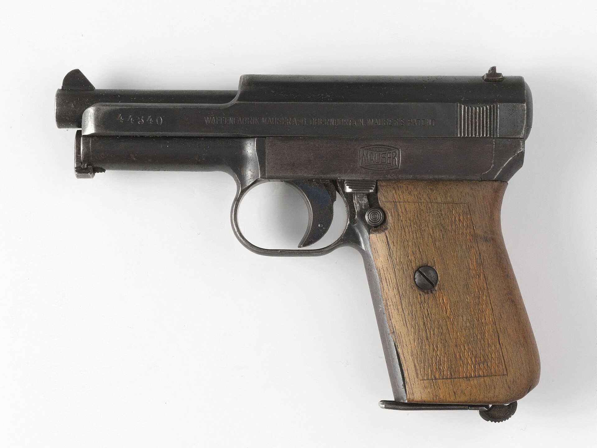 Figure 2 — A Mauser Model 1914 in 7.65 mm Browning, the immediate ancestor of the pistol this dive is about. Note what the HSc changes: the straight-sided slide, the square-cut breech block standing proud at …