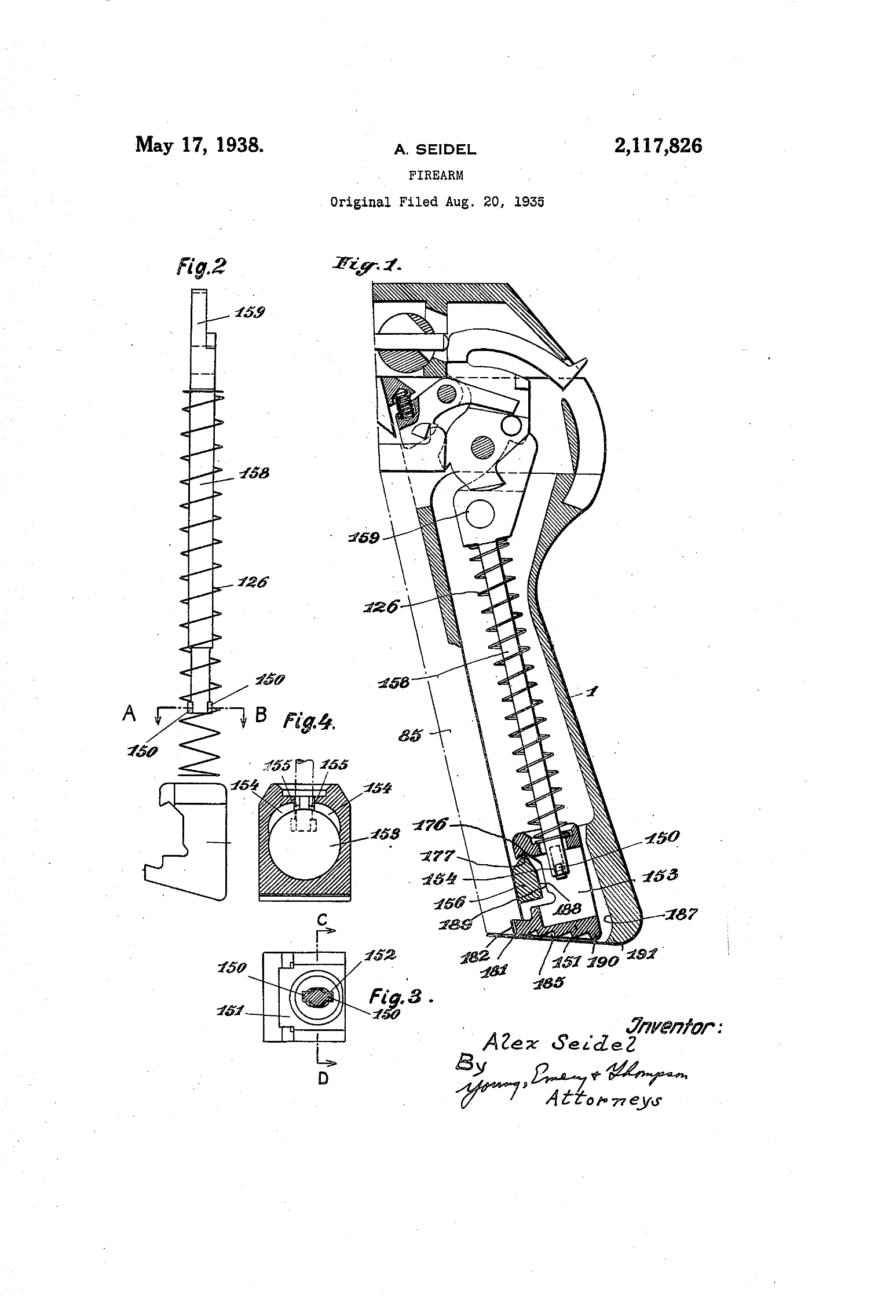 Figure 5 — Sheet 1 of US Patent 2,117,826, granted 17 May 1938 on a German application of 6 May 1935. The butt in section, with the hammer spring on its push rod above the magazine holder, and the holder show…