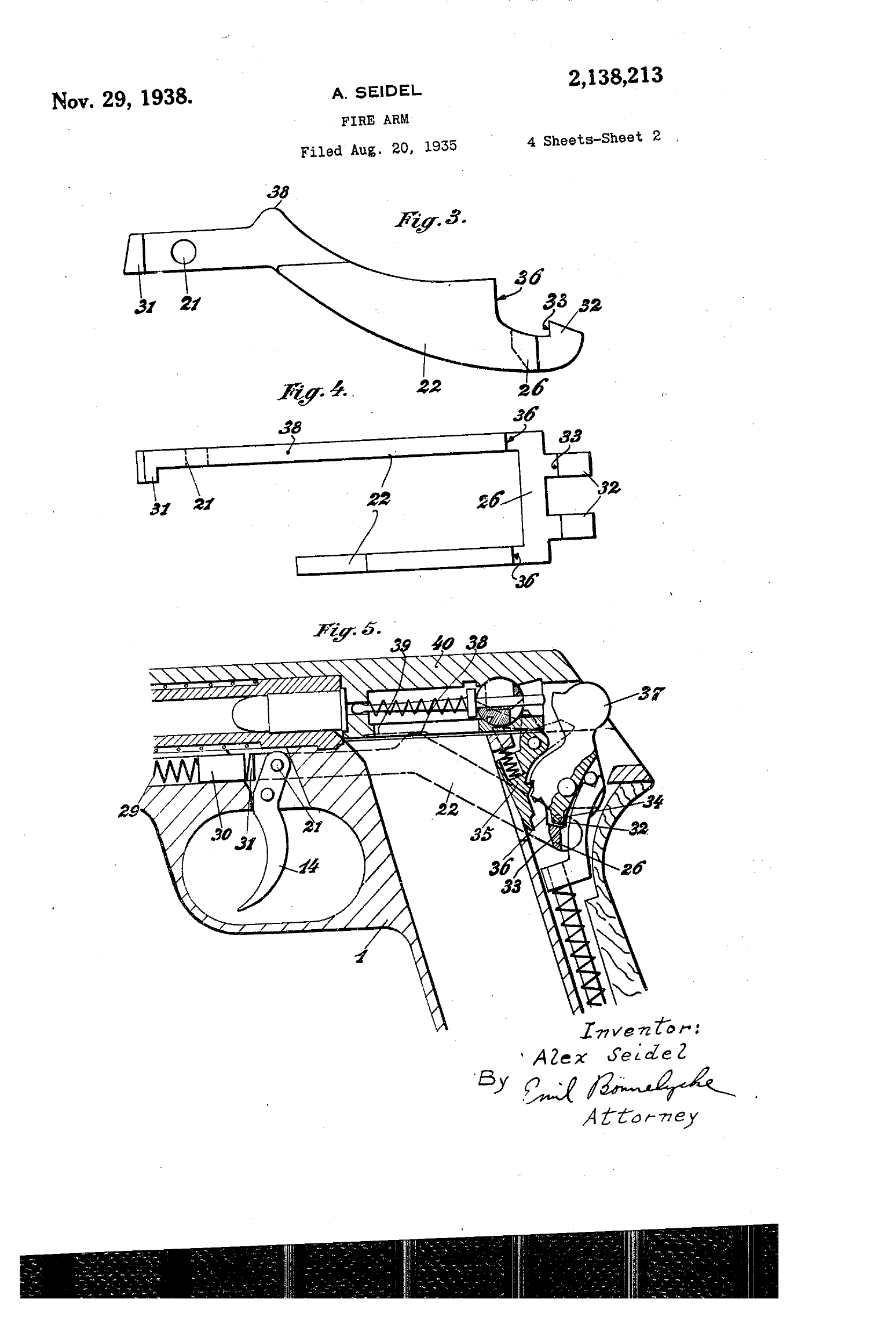 Figure 1 — Sheet 2 of US Patent 2,138,213. The upper figures are the double-fork connecting rod in plan and elevation; the lower figure is the pistol in section with the trigger, the rod and the hammer. This …