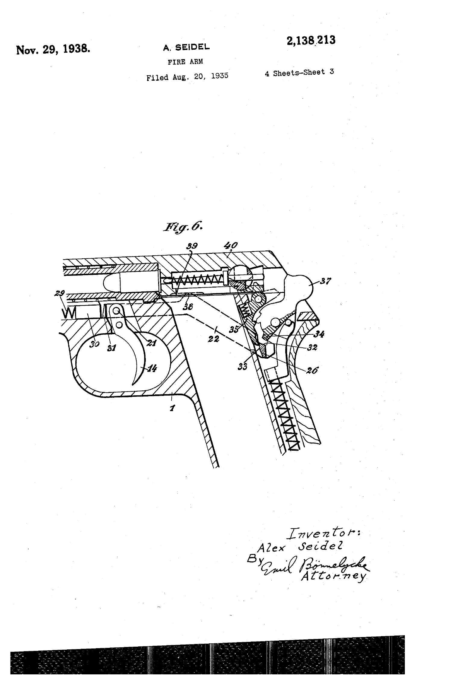 Figure 1 — Figure 6 of US Patent 2,138,213: the pistol in axial section with a cartridge in the chamber, the breech block and its spring at the top, the hammer at the right, the hammer spring in the butt, the…