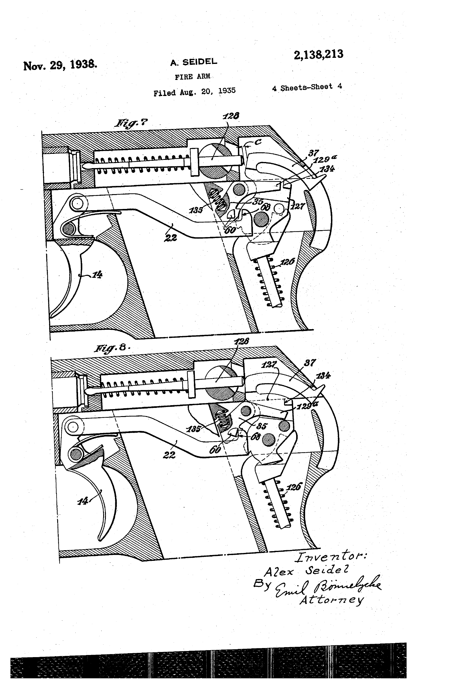 Figure 1 — Sheet 4 of US Patent 2,138,213, granted 29 November 1938 on a German application of 10 August 1934. Figure 7 shows the pistol at rest and Figure 8 with the trigger pulled: the trigger at lower left…