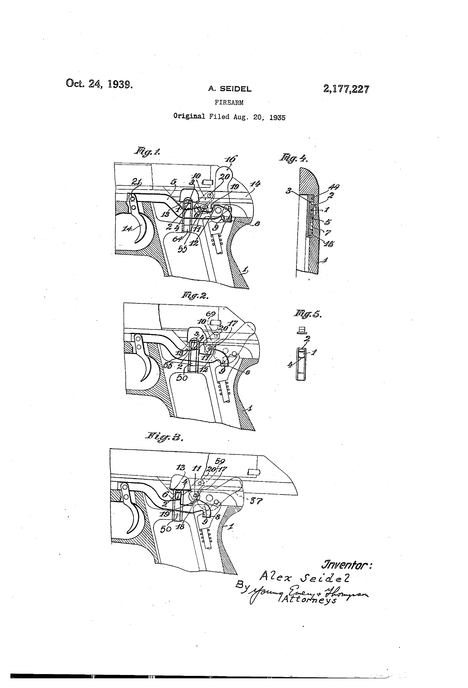 Figure 4 — Sheet 1 of US Patent 2,177,227, granted 24 October 1939. The slide member sits between the breech and the connecting rod and performs the three functions the patent numbers for itself: it drops the…