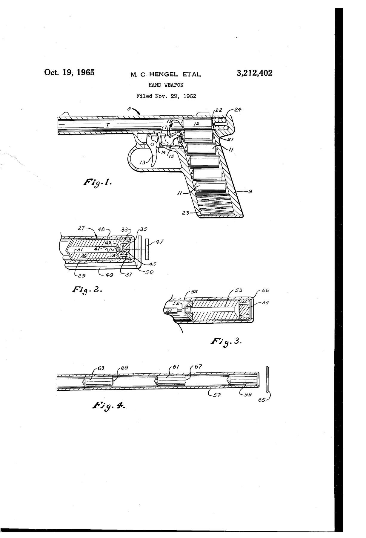 Figure 1 — Sheet 1 of US Patent 3,212,402, "Hand Weapon", filed 29 November 1962 by Mathew C. Hengel, Arthur T. Biehl and Robert Mainhardt and assigned to MB Associates. Fig. 1 is the whole idea in one drawin…