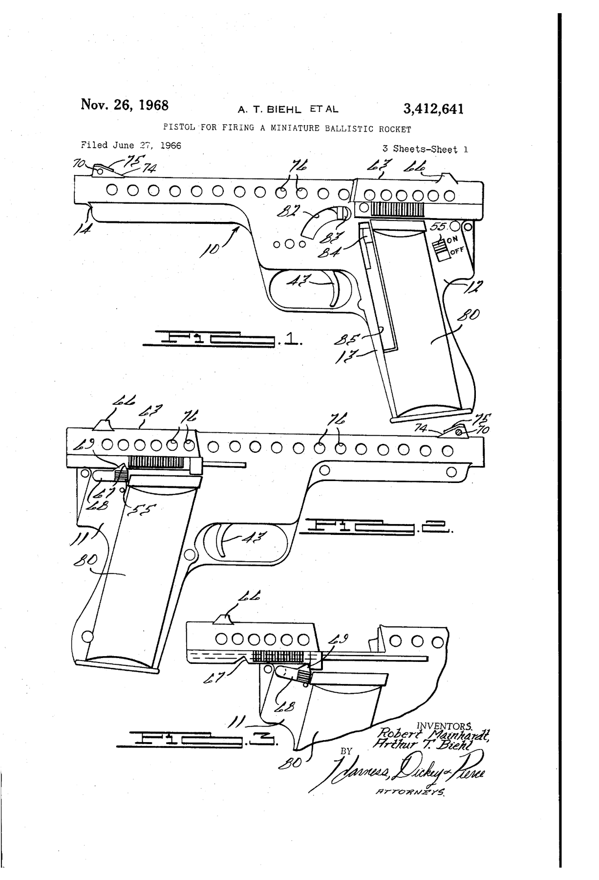 Figure 2 — Sheet 1 of US 3,412,641. Fig. 1 is the left side of the pistol: frame (10) with barrel section (14), trigger (43), grip (80), the arcuate slot through which the hammer's finger (83) projects for co…