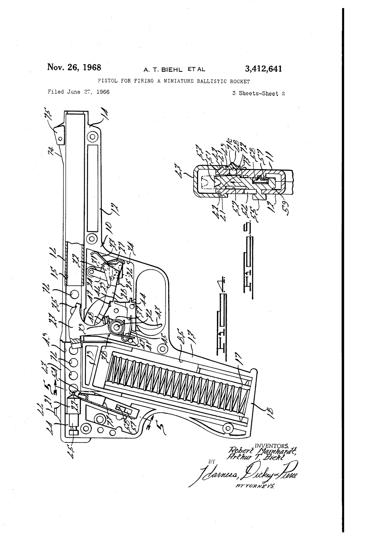 Figure 3 — Sheet 2 of US 3,412,641. Fig. 4 is the right frame half opened up: the barrel tube (16) bonded into its recess, the hammer (23) on its pivot with its spring, the pawl and sear, the trigger (43) and…