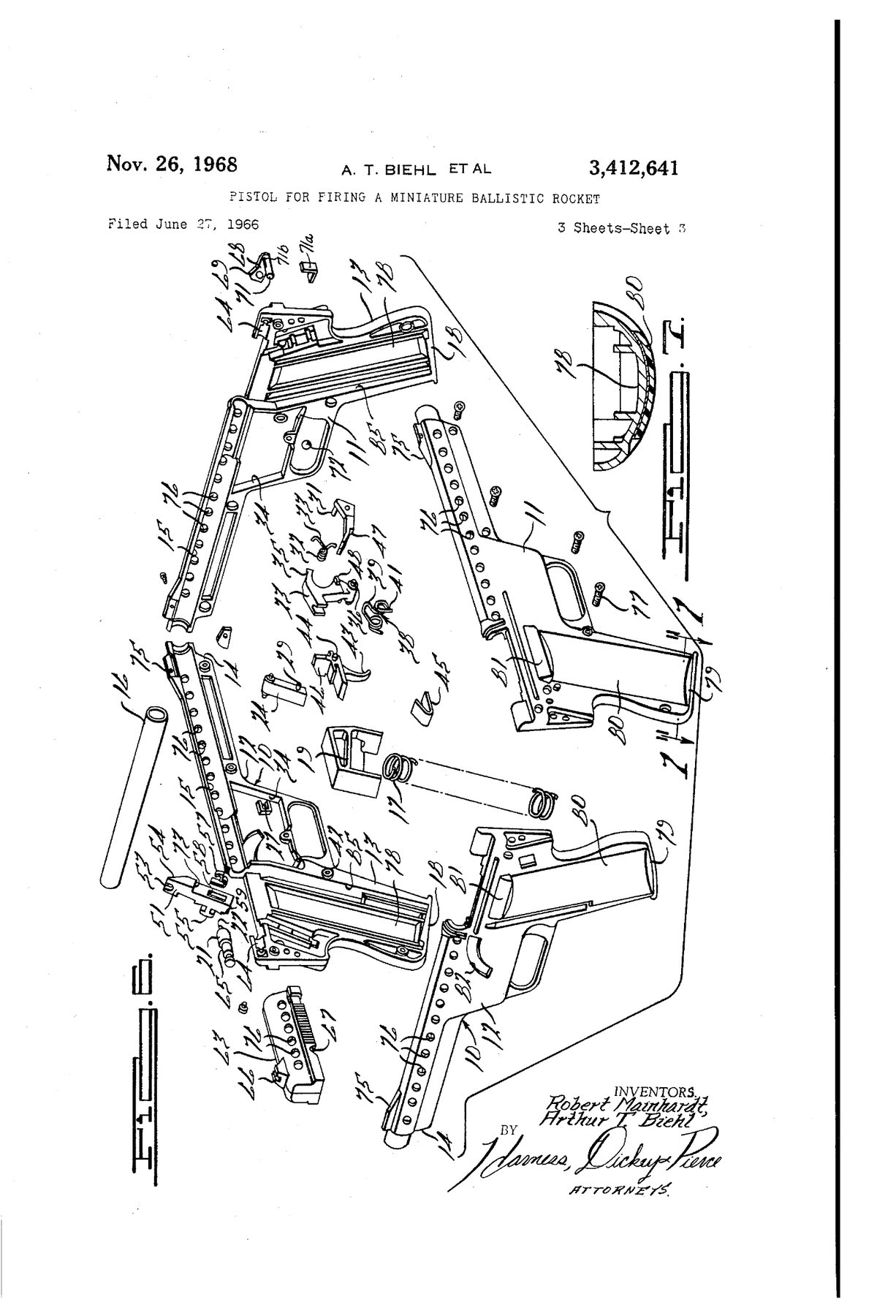 Figure 2 — Sheet 3 of US 3,412,641, the patent's exploded view: both cast frame halves, the bonded barrel tube, the magazine spring and follower, the hammer, pawl, link and trigger with their springs, the sli…
