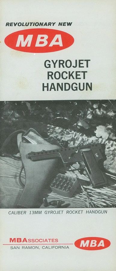 Figure 6 — MBA's fold-out brochure, "Revolutionary New MBA Gyrojet Rocket Handgun", with a pistol in a holster among jungle foliage beside a box of rounds, captioned "Caliber 13mm Gyrojet Rocket Handgun". Roc…