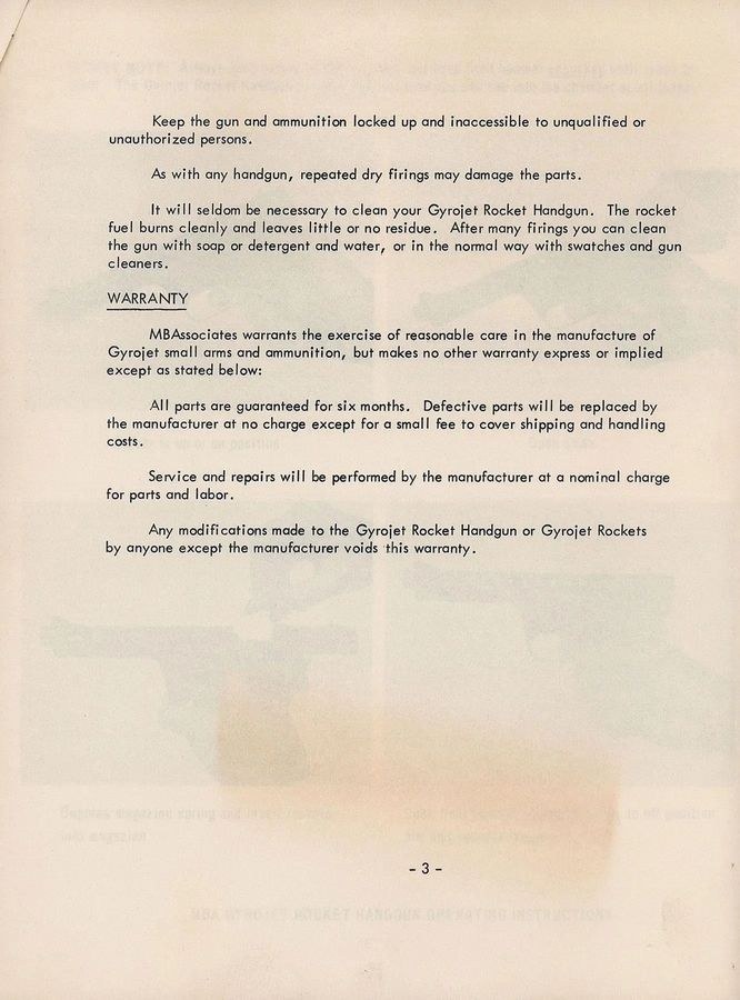 Figure 3 — Page 3 of MBA's instructions: locking up the gun and ammunition, the warning that "repeated dry firings may damage the parts", the cleaning advice — "It will seldom be necessary to clean your Gyroj…