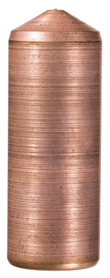 Figure 5 — A 13 mm wadcutter-pattern rocket standing on its base: a straight copper-plated case and a short, shallow conical nose instead of the round-nose ogive. Rock Island Auction Company photograph, used …