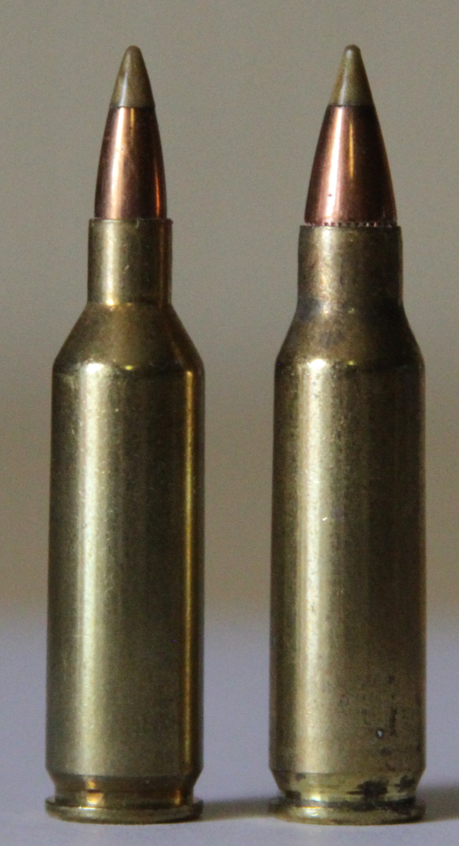 Figure 4 — The .17 Remington Fireball beside its parent case, the .221 Remington Fireball. Photo: File:17fireballand221fireball.png, via Wikimedia Commons.