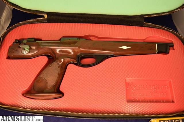 Figure 4 — A 1960s-pattern XP-100 in its factory case with the Remington-branded insert. The cased presentation was how the pistol was sold from the beginning. Photo: Armslist listing, "Remington XP-100, Case…