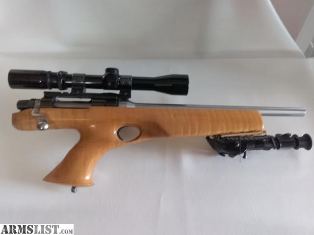 Figure 2 — An XP-100 action rebarrelled to 6mm/223 — the 6×45mm wildcat — in a pale rear-grip stock with a stainless barrel. Guns like this are common, and they are custom work, not a factory chambering. Phot…