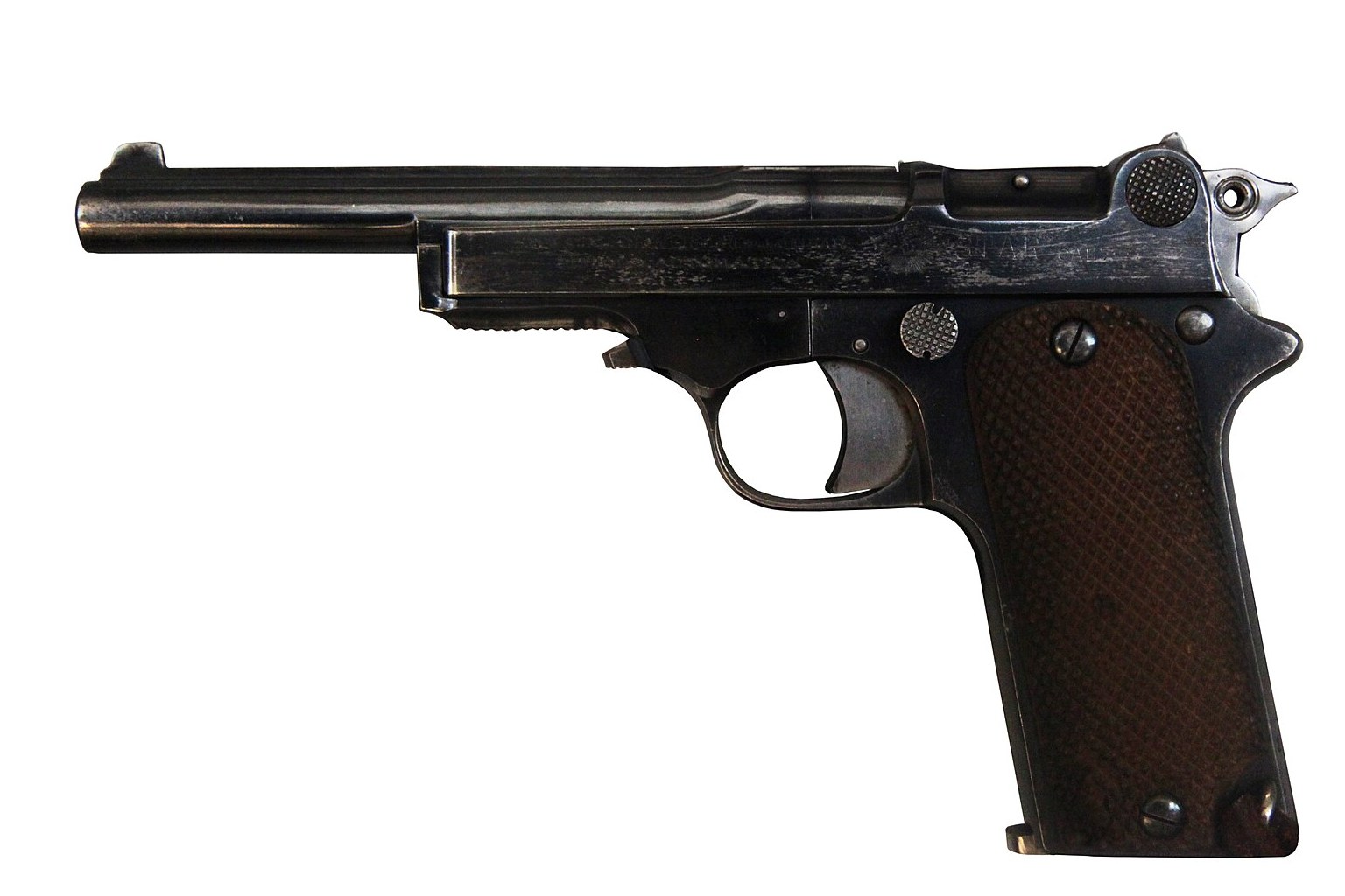 Figure 3 — The other French category: a Star Model 1914 in the Musée de l'Armée, catalogued by its photographer as a "Star type 2 pistol, Spain, 1915". The external hammer, the long slide and the grip shape m…