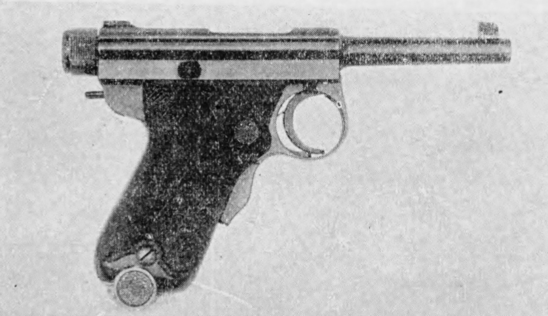 Figure 3 — A "Baby" Nambu pistol, from a Japanese technical publication of the period. The resemblance to the Ruger Standard is in the raked grip and the arrangement of a round receiver behind an exposed barr…