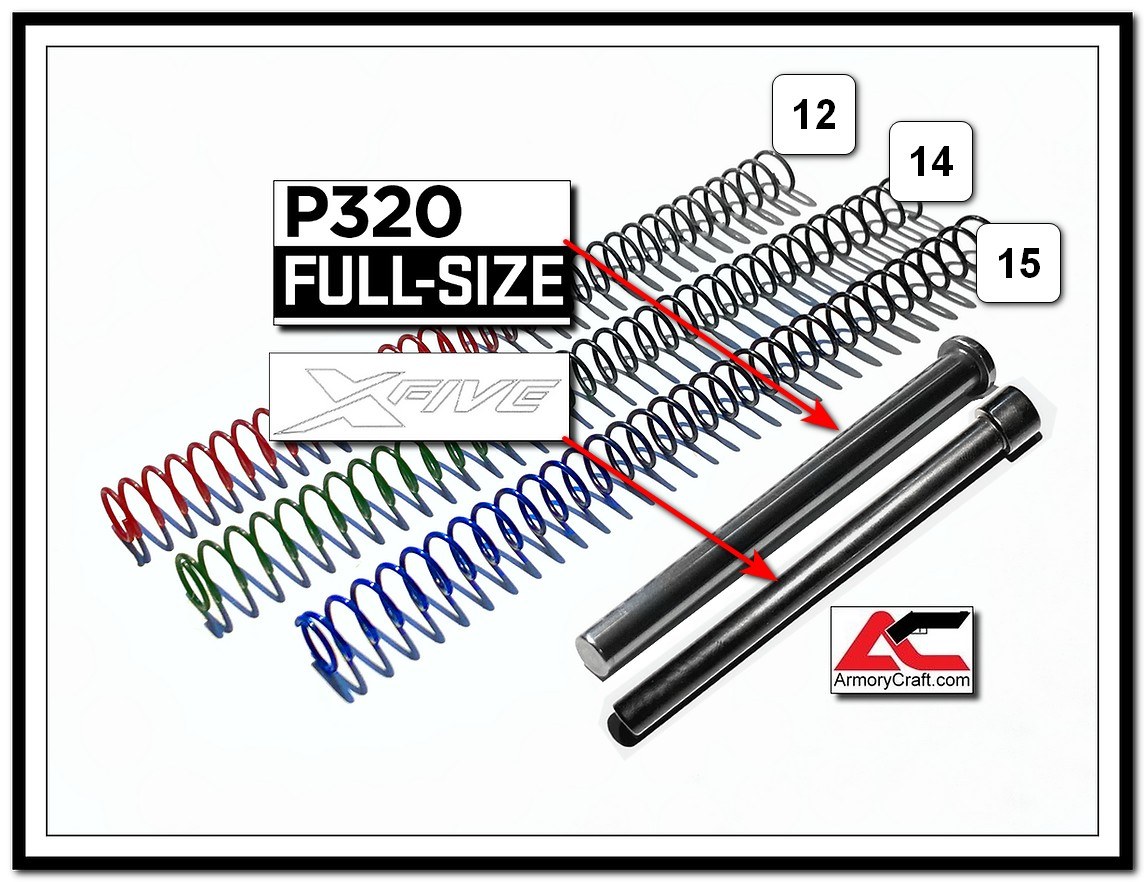Figure 2 — ArmoryCraft's solid guide rod and recoil-spring tuning kit for the full-size P320: a hardened steel rod and separate springs in place of SIG's captive assembly.