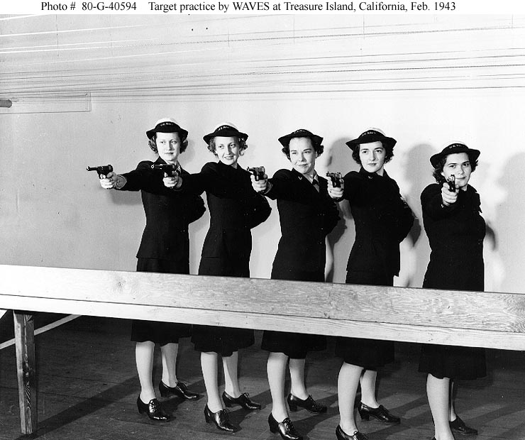 Figure 2 — United States Navy WAVES at target practice with High Standard Model B .22 training pistols, Treasure Island, California, February 1943. High Standard's wartime contracts put a .22 semi-automatic i…