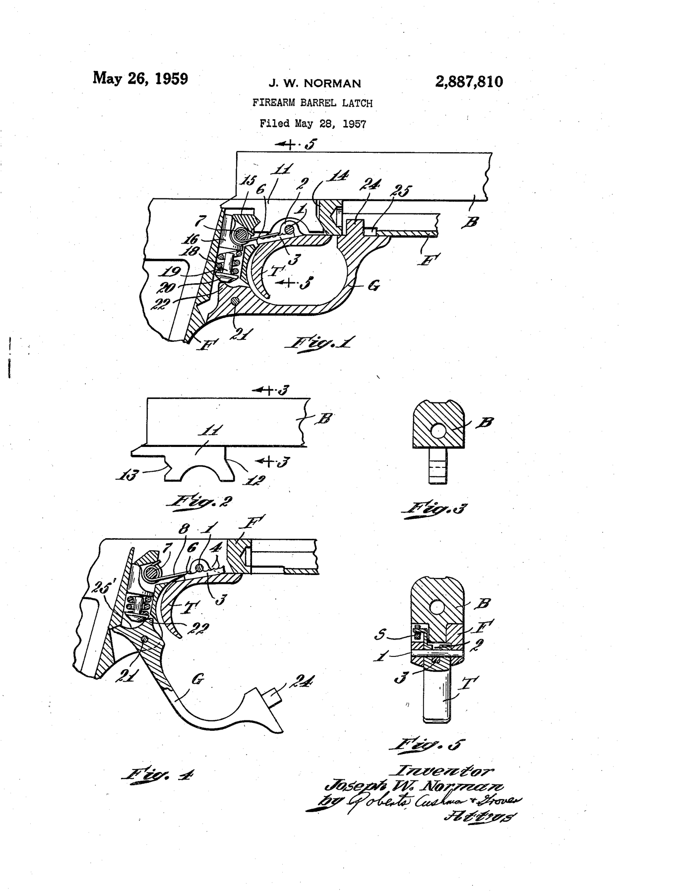 Figure 2 — The drawing sheet of US Patent 2,887,810, "Firearm Barrel Latch", J. W. Norman, filed 28 May 1957. Fig. 1: the barrel B latched to the frame F, trigger guard G closed. Fig. 2: the barrel's dependin…