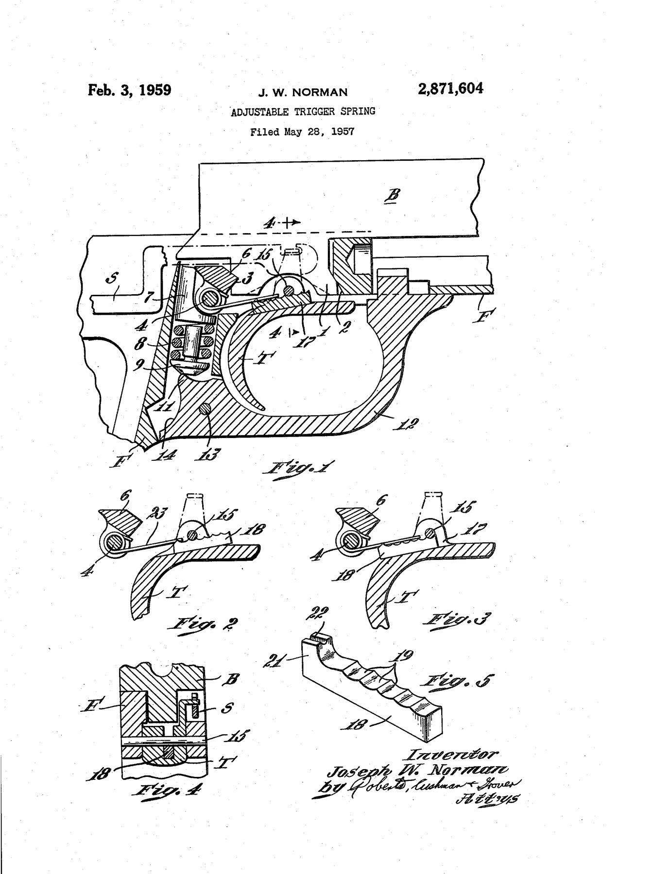 Figure 4 — The drawing sheet of US Patent 2,871,604, "Adjustable Trigger Spring", J. W. Norman, filed 28 May 1957. Fig. 1: the transmitter 18 in its intermediate position on top of the trigger T, under the pi…