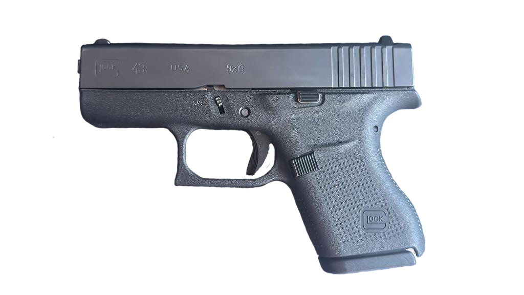 Figure 4 — A Glock 43, Glock's single-column 9×19 carry pistol — another pistol of the same configuration, and a reminder that the Shield's competition in the single-stack years came from every direction.