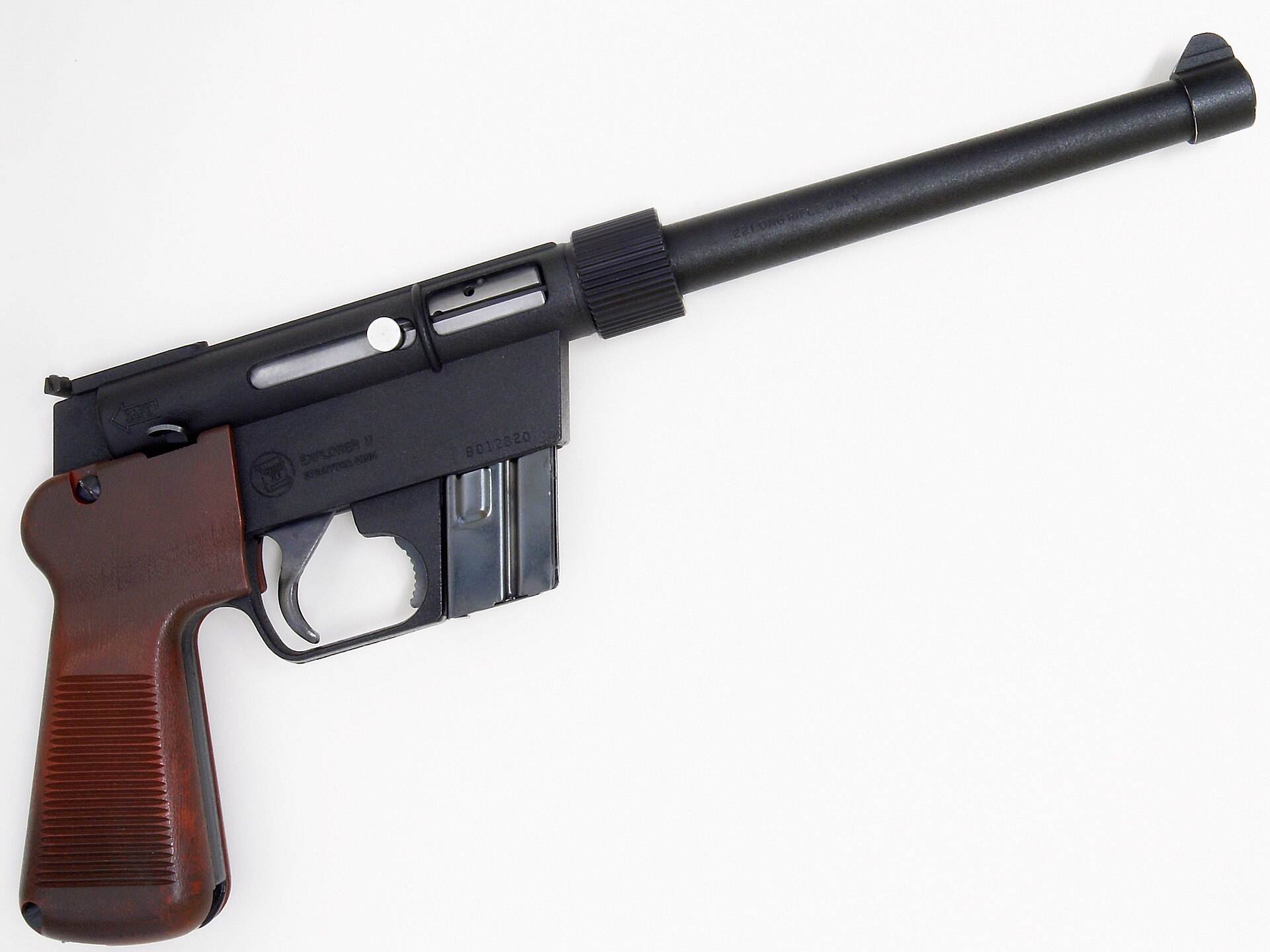 Figure 2 — The Charter Arms Explorer II, the pistol derived from the ArmaLite AR-7 survival rifle: aluminium and moulded plastic, a tubular receiver and a raked grip — a design from another aircraft-industry …