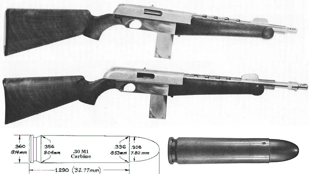 Figure 2 — Two period photographs of Hillberg's .30 Carbine prototype, with a drawing of its cartridge, as reproduced by Rock Island Auction. Hillberg insisted to Guns magazine in 1956 that the design, in whi…