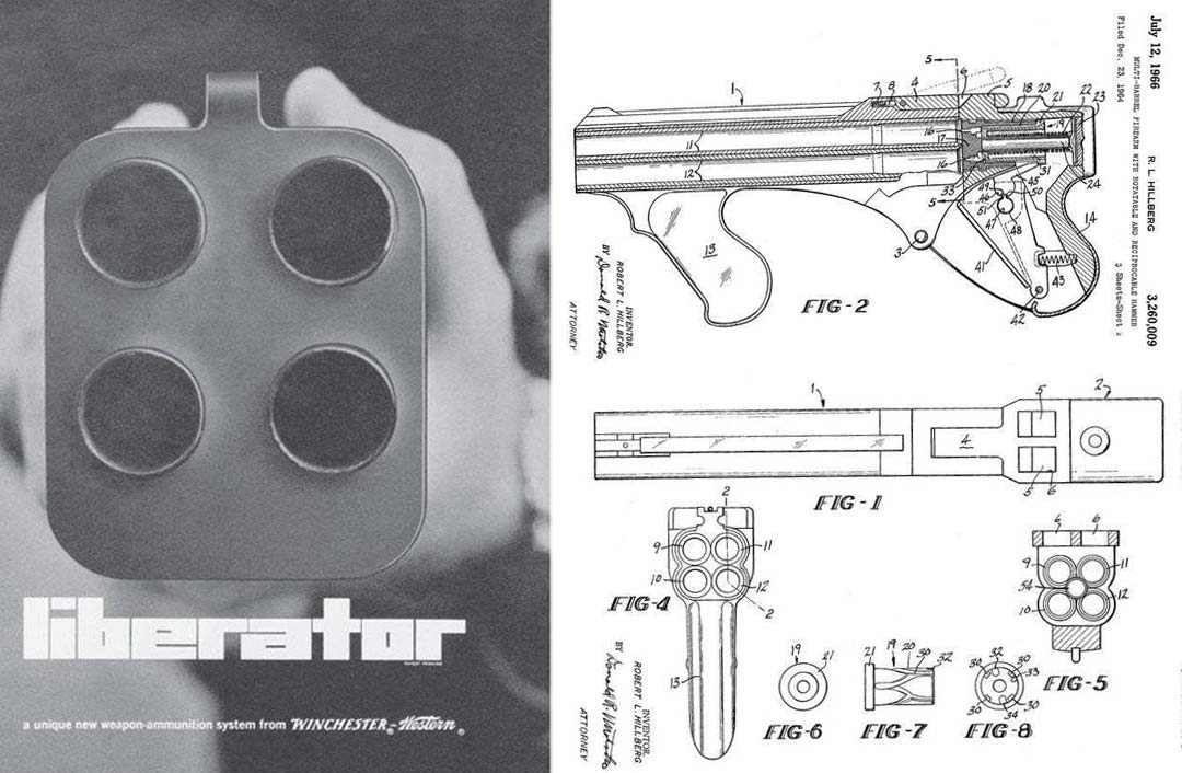 Figure 5 — The Winchester Liberator: a panel from Winchester-Western's brochure ("a unique new weapon-ammunition system") and the first sheet of Hillberg's patent, as reproduced by Rock Island Auction. The fo…