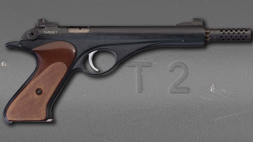 Figure 7 — The Whitney target prototype "T2", 1957: a Patridge front sight, a Micro-click adjustable rear sight, a perforated compensator at the muzzle — the "muzzle brake ... with front take-down bushing" of…