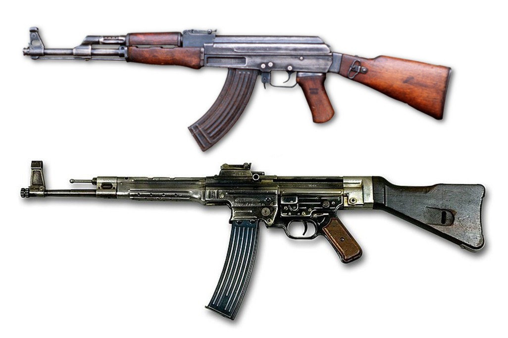 Figure 7 — An AK above a German StG 44, drawn to a common scale. They share a silhouette, a concept and a class of cartridge. They do not share a mechanism.