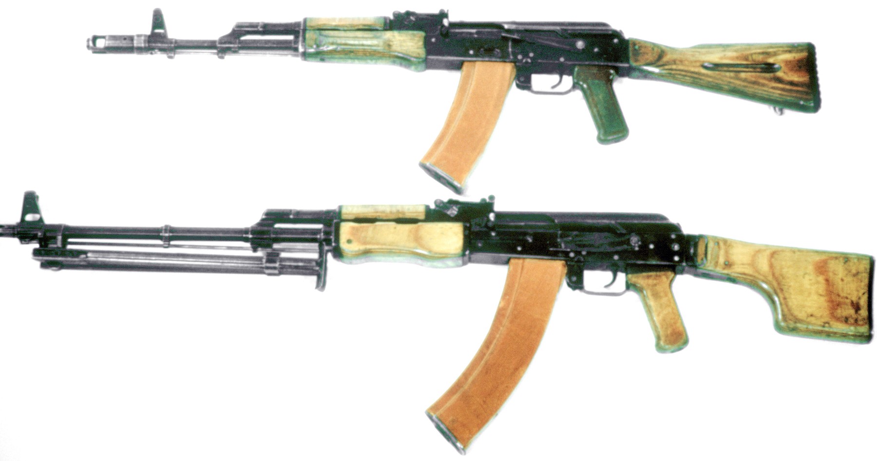 Figure 6 — An AK-74 above an RPK-74. The squad automatic was rebuilt on the same cartridge at the same time, exactly as the 1943 programme had specified a family rather than a rifle.