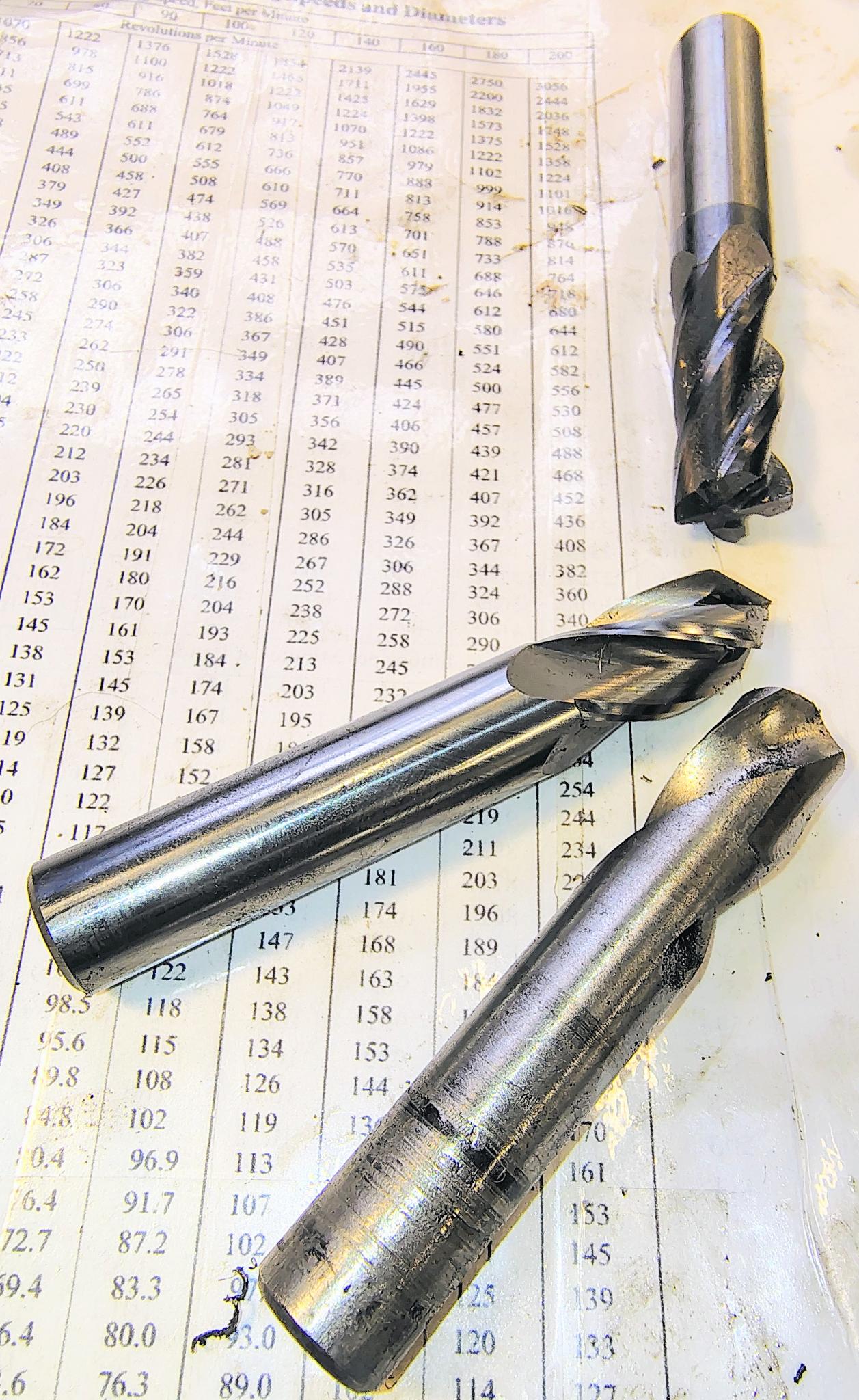 Figure 5 — End mills and a drill bit. The 1/4 in four-flute mill spots the wall; the cobalt drill that follows it is chosen undersize on purpose. Photograph by Progress and Poverty, CC BY 4.0, via Wikimedia C…