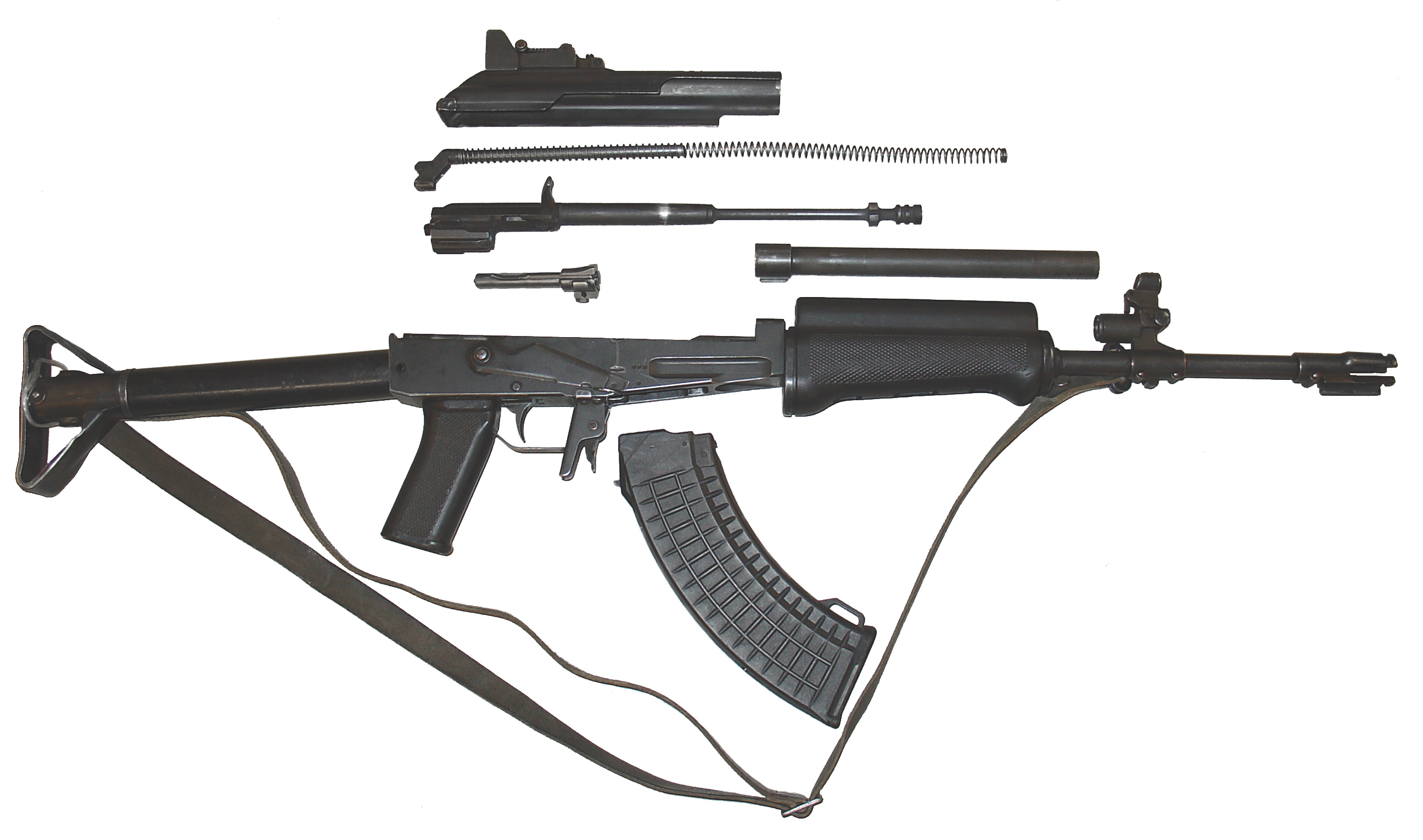 Figure 6 — A Finnish Rk 62 field-stripped. The action is Kalashnikov; almost nothing around it is.