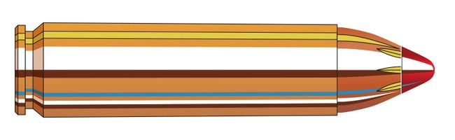 Figure 2 — A sectioned rendering of the loaded round, showing the case wall, the powder space and the flex-tip bullet seated deep in a case that has very little neck to hold it. This is a rendering, not a pho…
