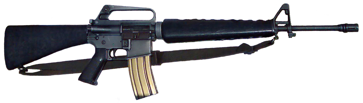 Figure 3 — An M16A1. The triangular handguards are the quickest identifying feature of the type, along with the fixed carry handle and the slim barrel profile.