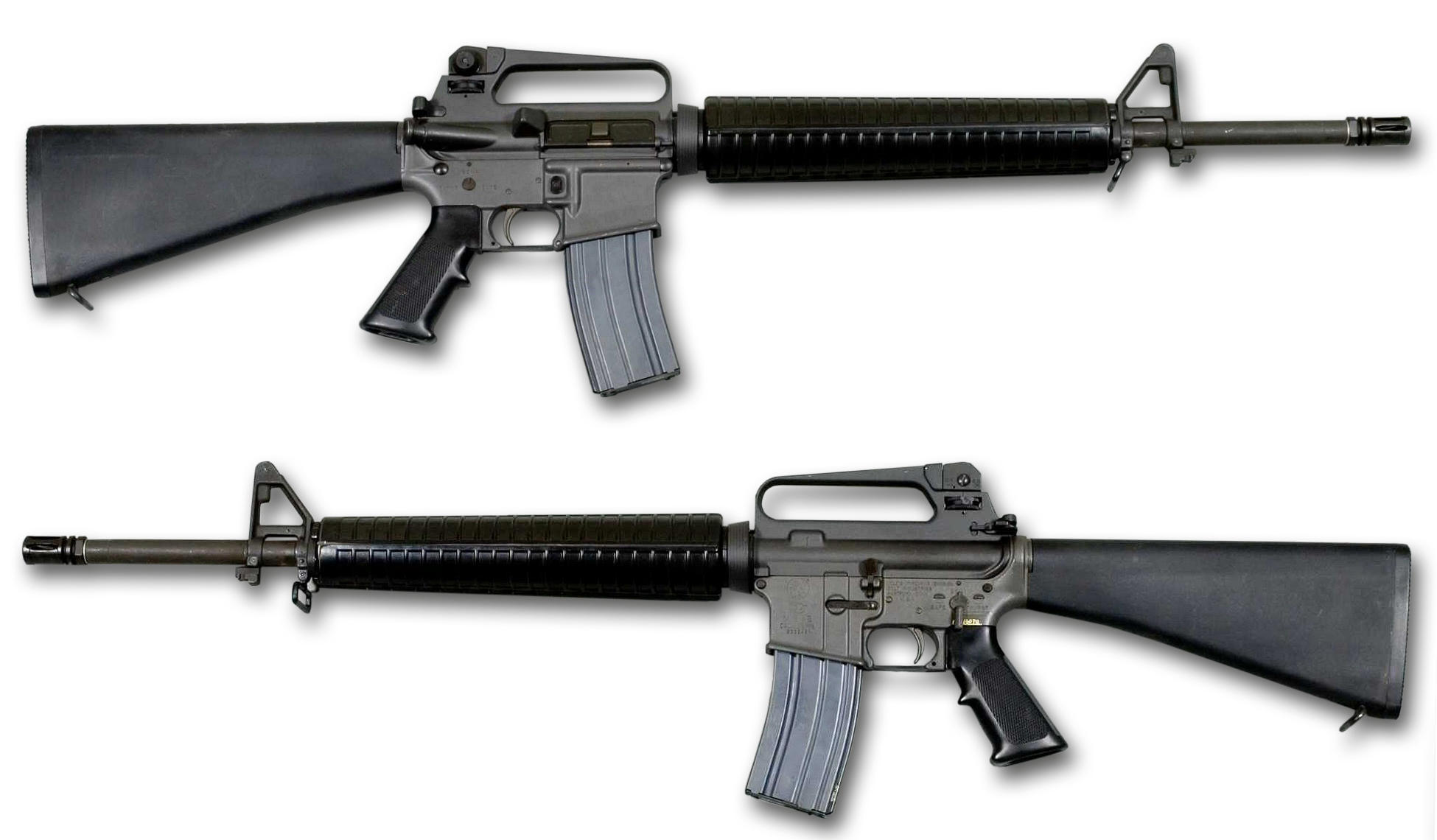 Figure 4 — The M16A2's round ribbed handguards, which unlike the A1's triangular pair are interchangeable between top and bottom.