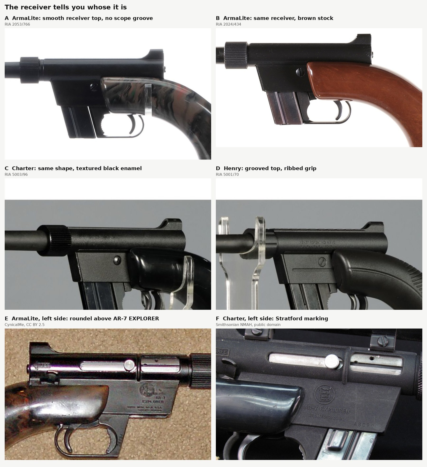 Figure 7 — Close-ups of the receivers. A to D, right side: the ArmaLite and Charter receivers share one shape with a smooth top, Charter's finish is a textured black enamel, and Henry's receiver carries a gro…