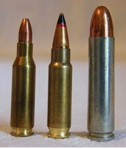 Figure 3 — Three cartridges that answer the same requirement in three different decades: the HK 4.6×30mm, the FN 5.7×28mm and the .30 M1 Carbine.