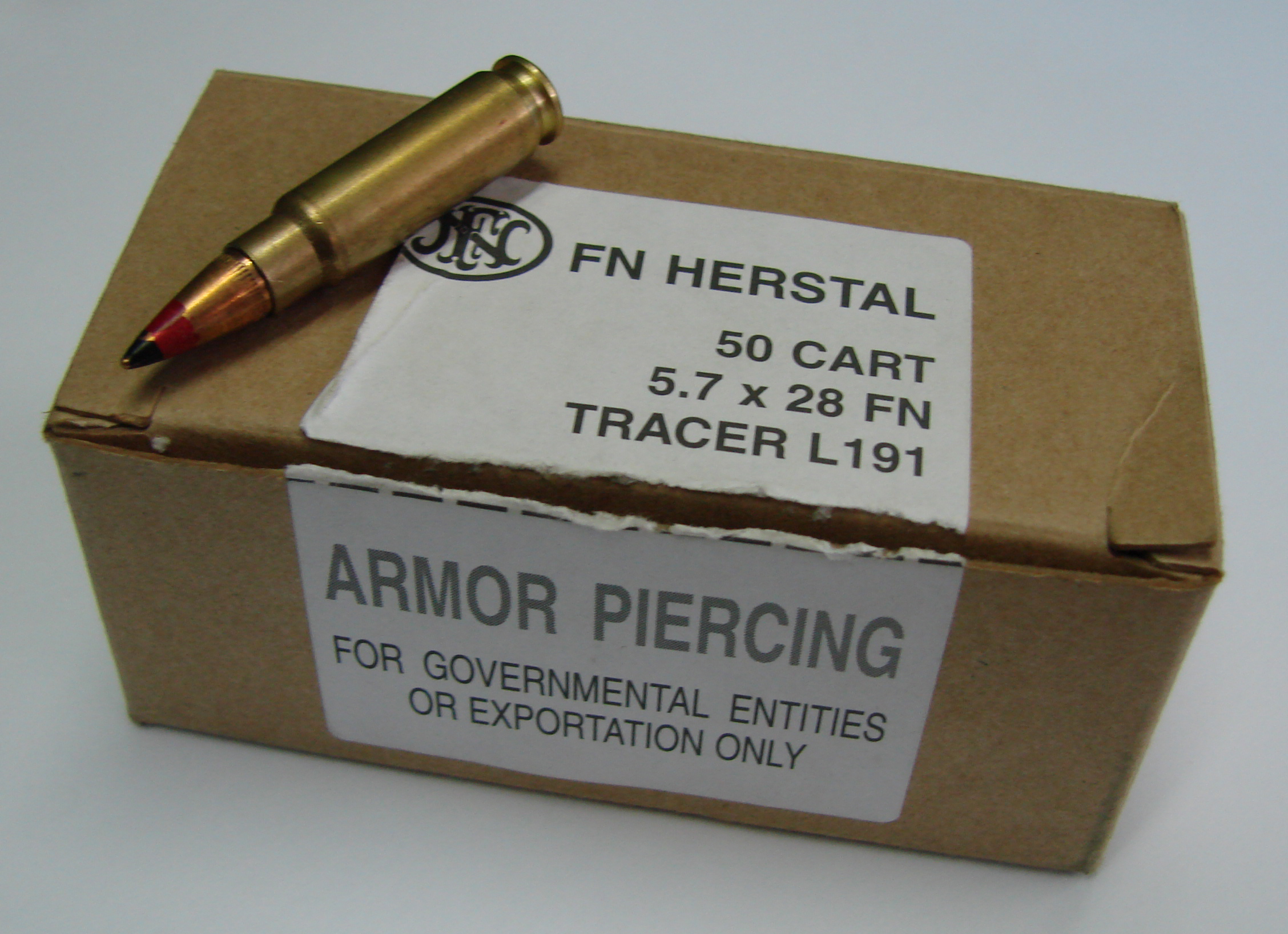 Figure 6 — An FN Herstal box of L191 tracer, labelled "ARMOR PIERCING — FOR GOVERNMENTAL ENTITIES OR EXPORTATION ONLY". The restricted loadings are not merely hard to find; they are labelled and distributed a…