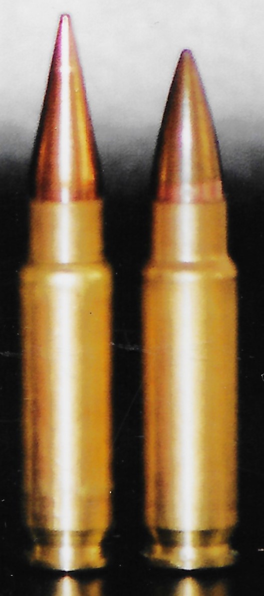 Figure 3 — Two 5.7×28mm cartridges side by side: the original SS90 loading and the SS190 that replaced it in 1993. The SS190 is the shorter of the two — FN shortened the cartridge and modified the weapon to s…