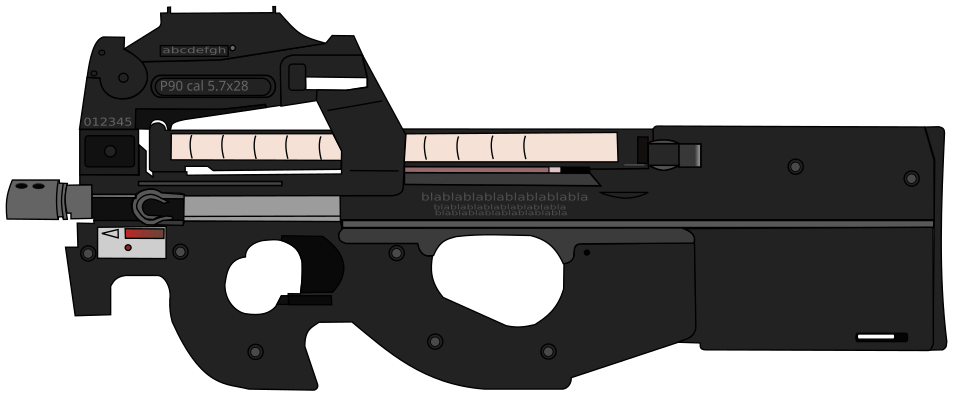 Figure 13 — The P90 with its outer shell rendered as line art, showing how little of the weapon's length is actually barrel and how much of it is action and magazine sitting behind and above the grip.