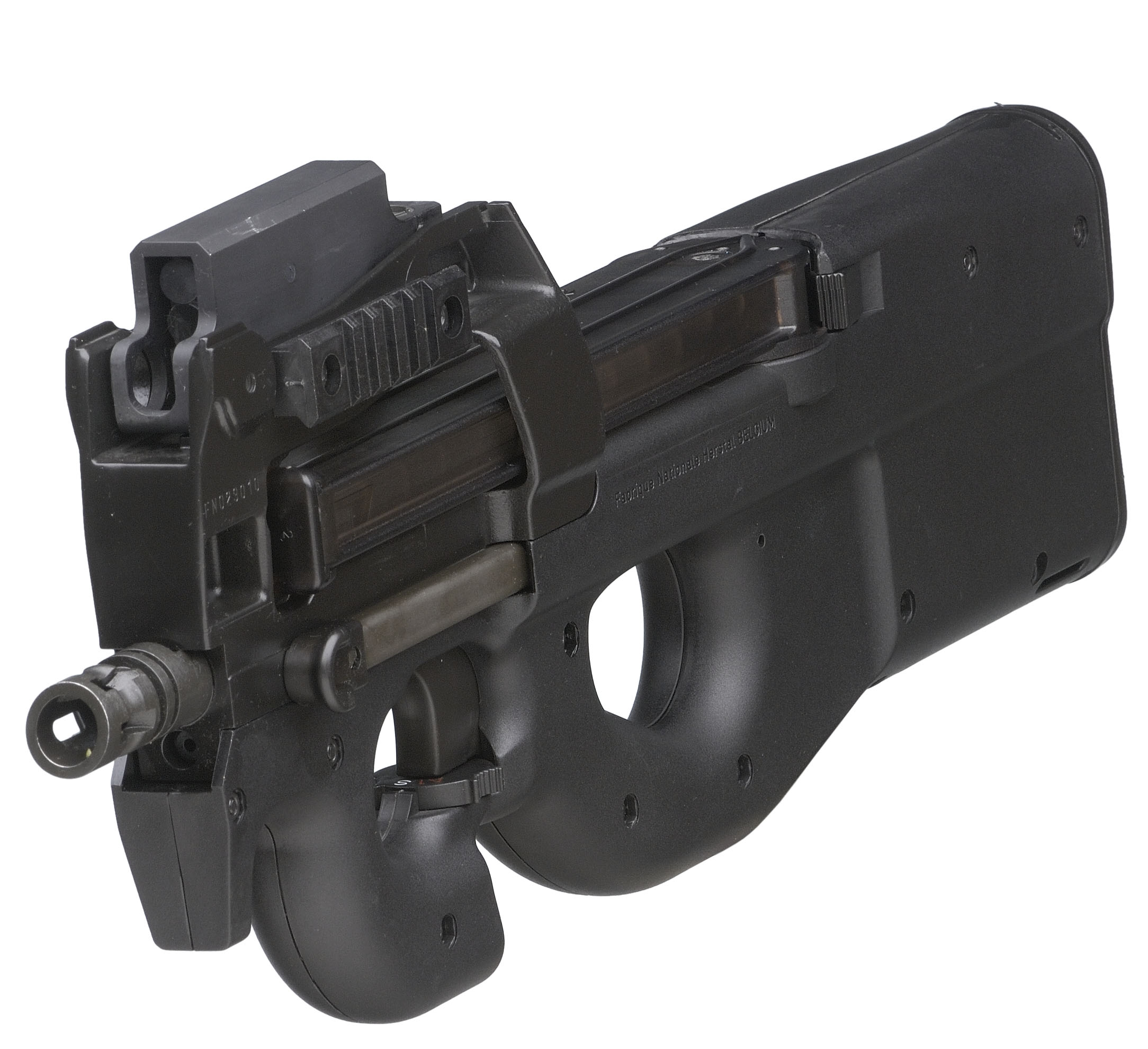 Figure 4 — The P90 from the muzzle end. The hand stop at the front of the trigger-guard hoop exists to keep the support hand from travelling forward past the muzzle — on a weapon this short the hand is alread…
