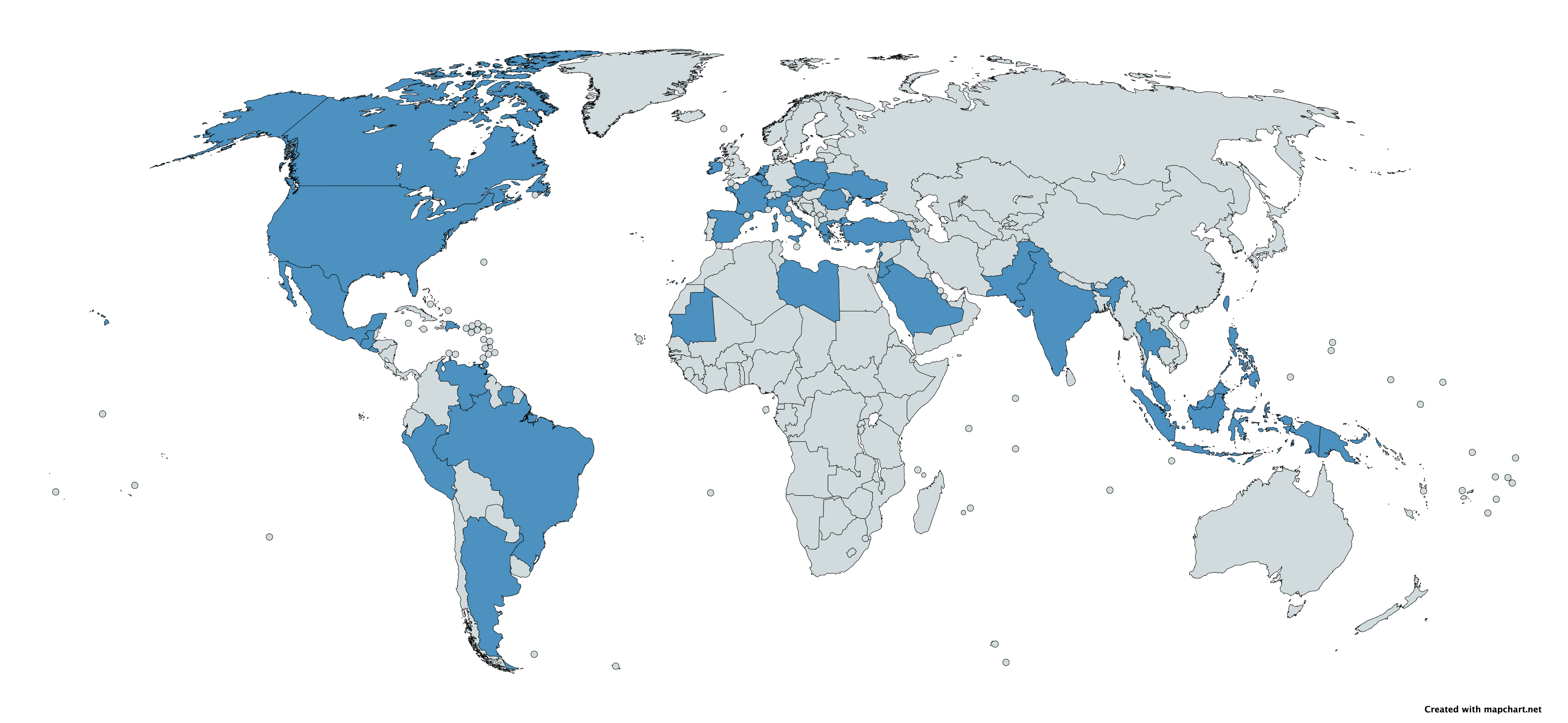 Figure 10 — The P90's documented user nations. The map shows breadth rather than depth: many countries, mostly small unit-level purchases.